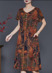 Art Coffee Tie Waist Print Silk Long Dresses Summer