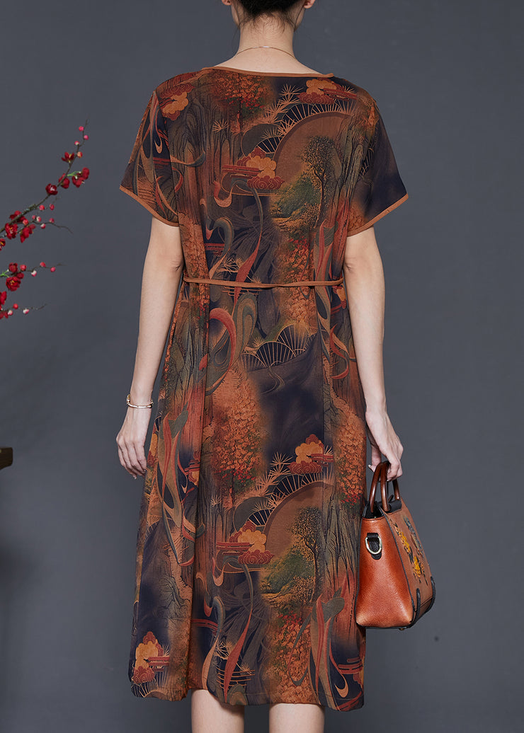 Art Coffee Tie Waist Print Silk Long Dresses Summer