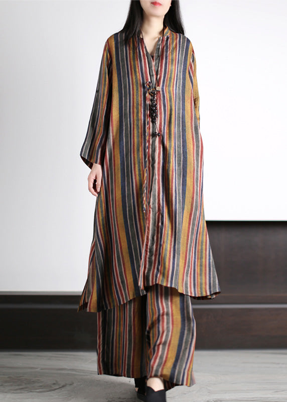 Art Coffee V Neck Striped Patchwork Silk Maxi Shirts And Wide Leg Pants Two Piece Set Spring