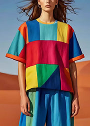 Art Colorblock Asymmetrical Patchwork Linen Tank Tops Summer