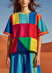 Art Colorblock Asymmetrical Patchwork Linen Tank Tops Summer