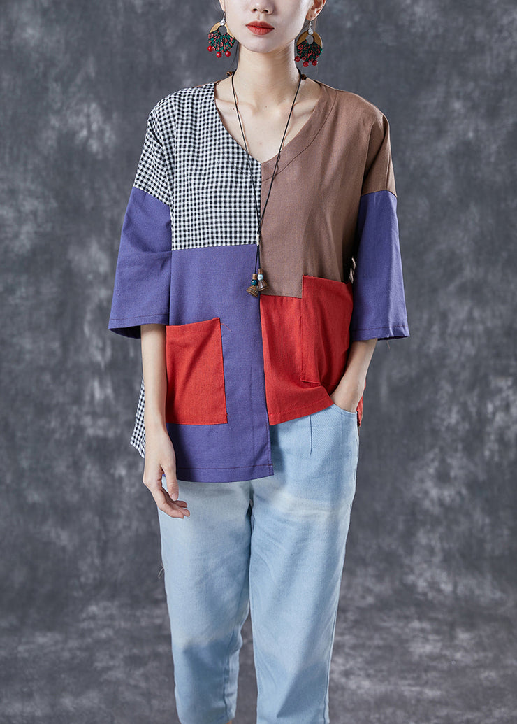 Art Colorblock Asymmetrical Patchwork Plaid Cotton Blouse Top Summer