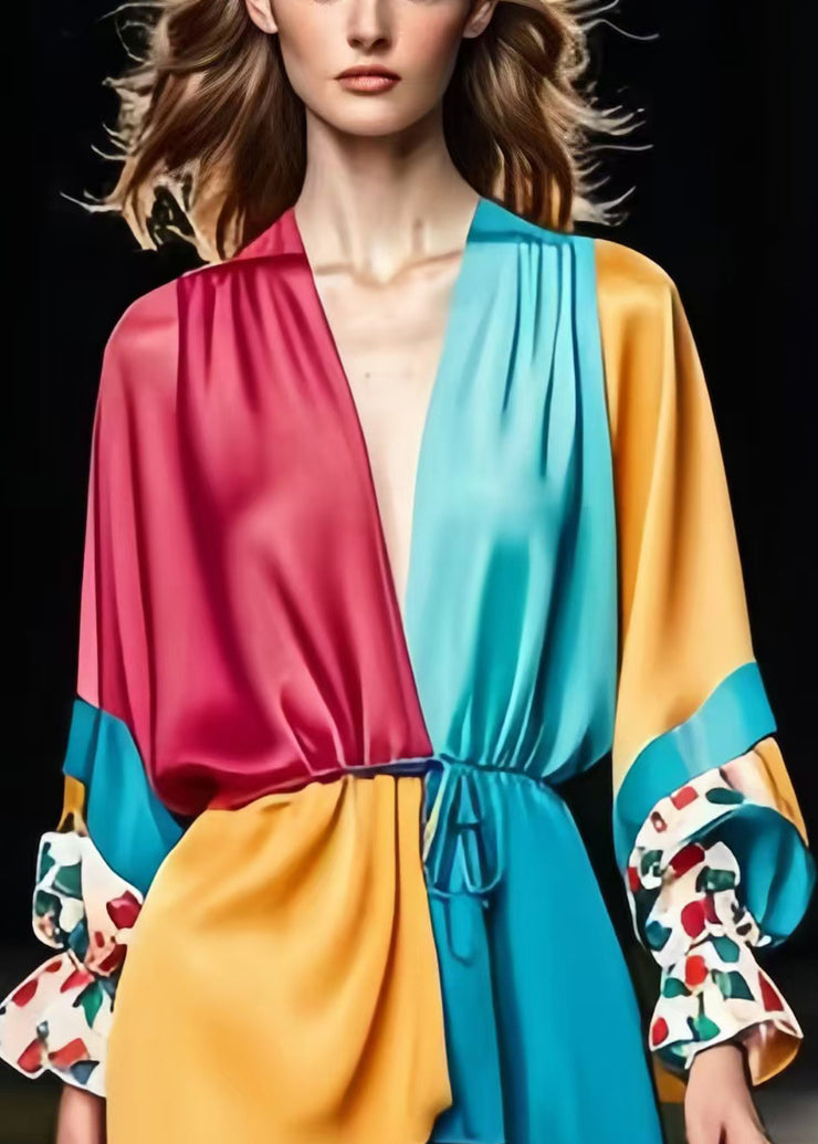 Art Colorblock Cinched Patchwork Print Silk Long Dress Spring