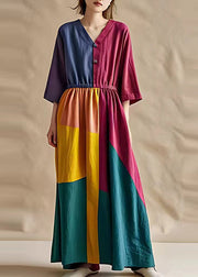 Art Colorblock Elastic Waist Patchwork Cotton Dresses Summer