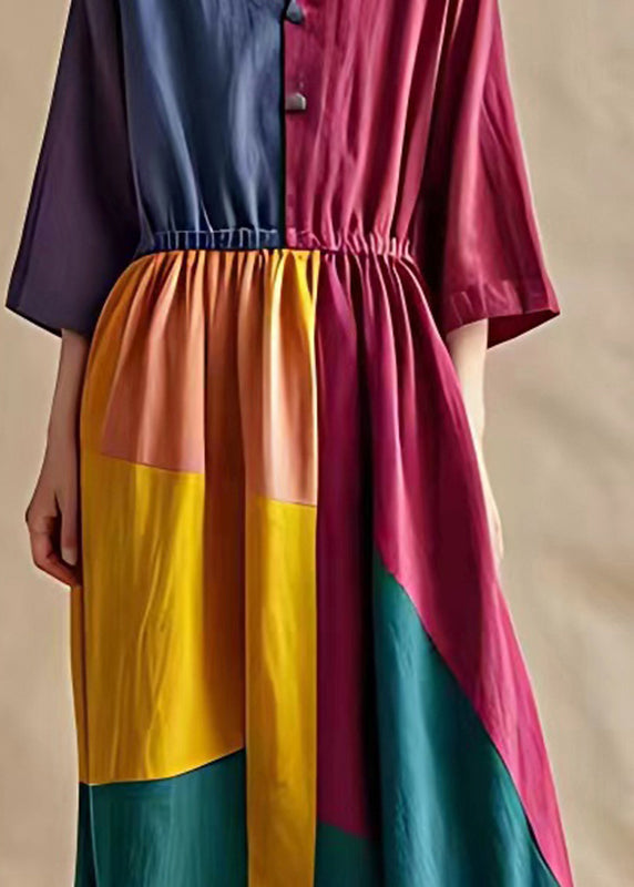 Art Colorblock Elastic Waist Patchwork Cotton Dresses Summer