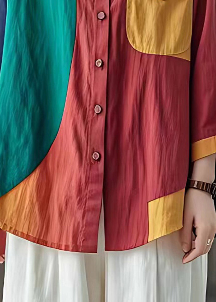 Art Colorblock Oversized Patchwork Linen Shirt Summer