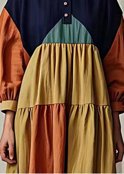 Art Colorblock Peter Pan Collar Patchwork Cotton Maxi Dresses Summer