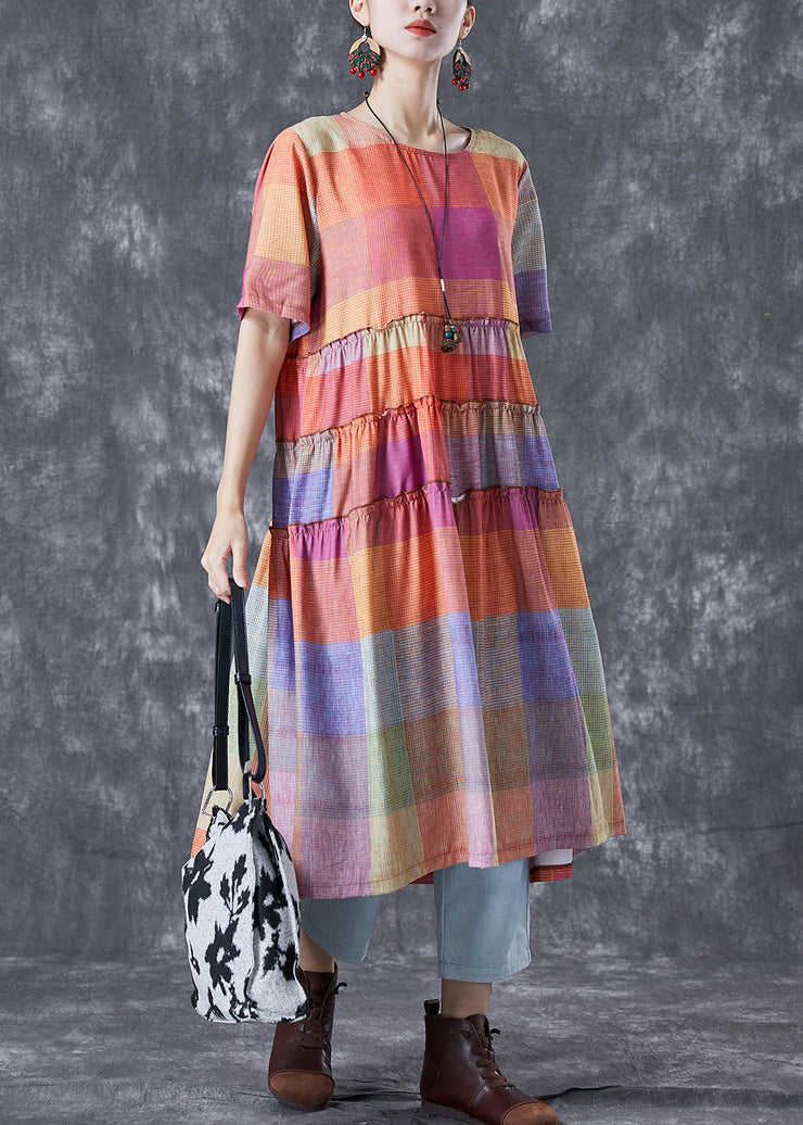 Art Colorblock Ruffled Plaid Cotton Dress Summer