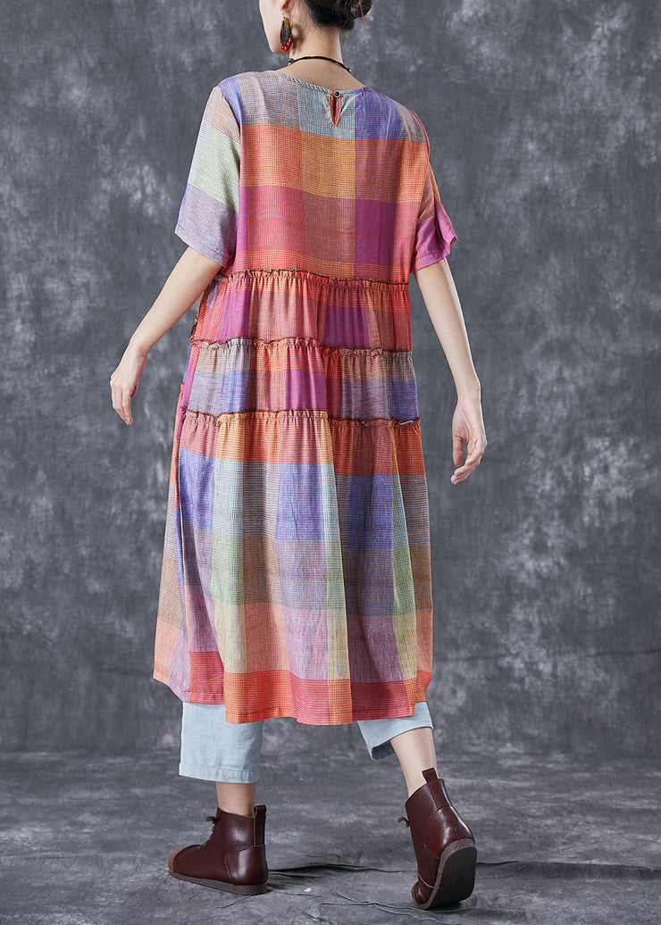 Art Colorblock Ruffled Plaid Cotton Dress Summer