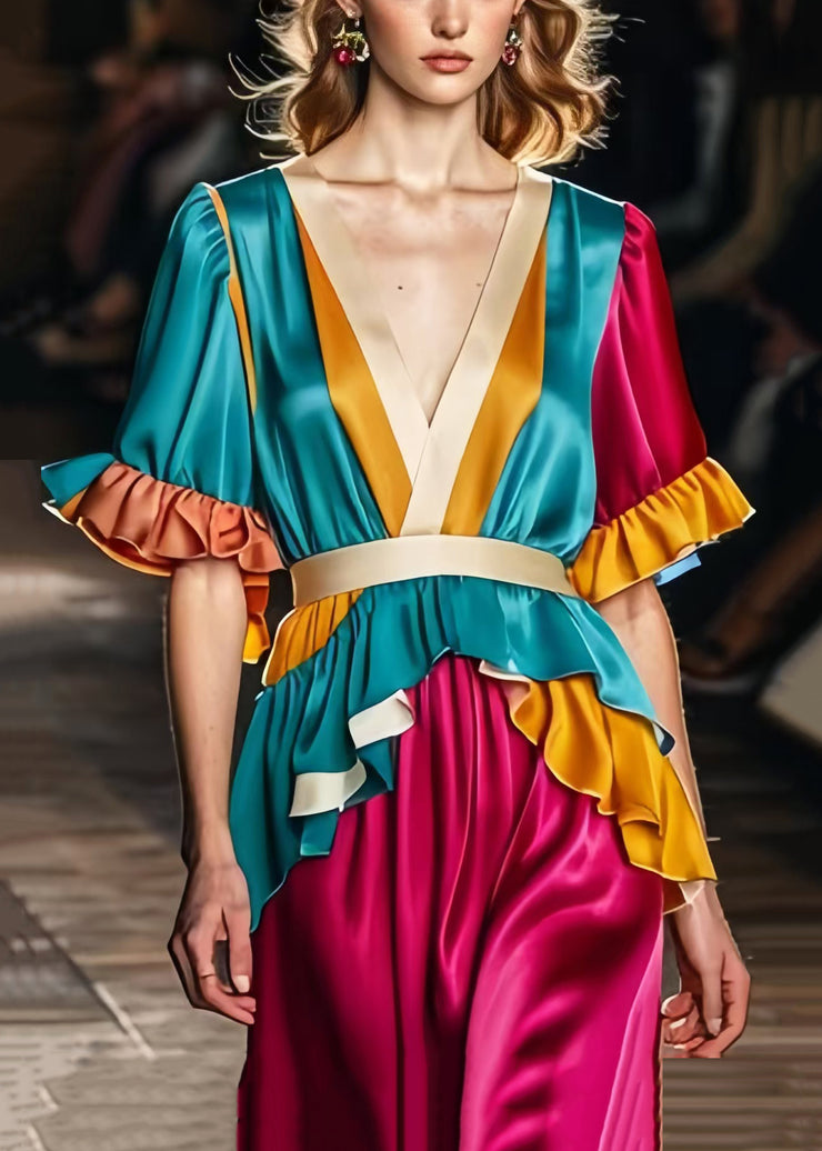 Art Colorblock Ruffles Patchwork Silk Maxi Dress Summer