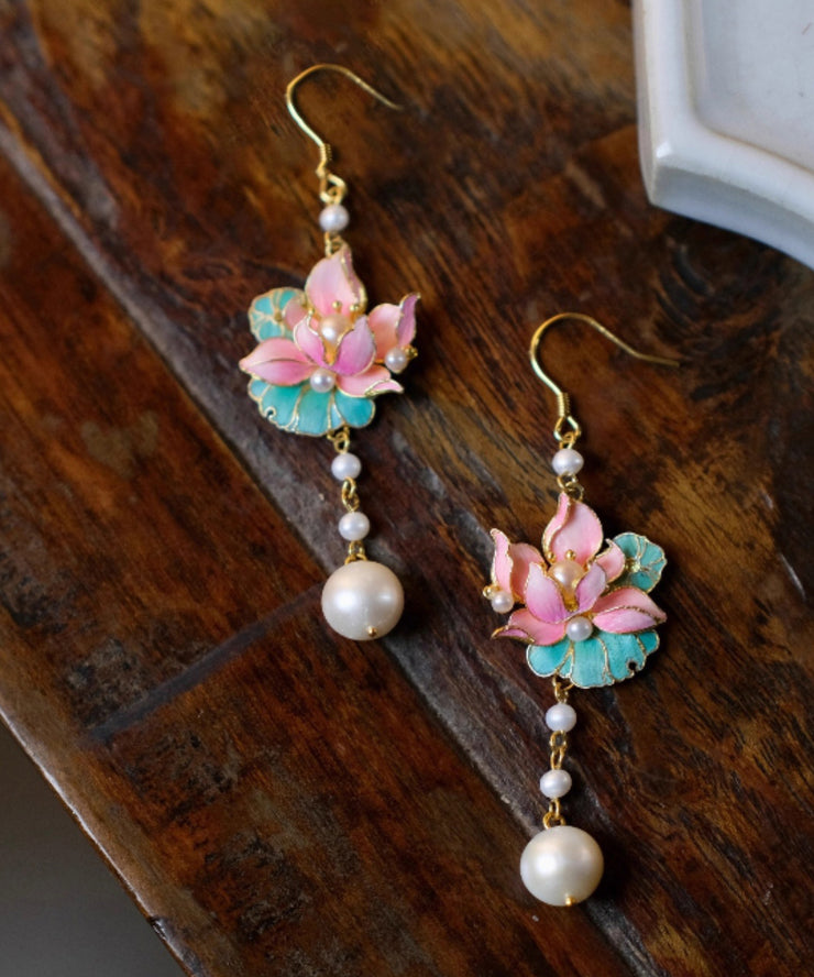 Art Colorblock Sterling Silver Overgild Pearl Lotus Flowers Tassel Drop Earrings