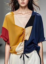 Art Colorblock V Neck Drawstring Chiffon Tops Summer