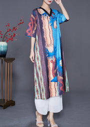 Art Colorblock V Neck Print Silk Holiday Dress Summer