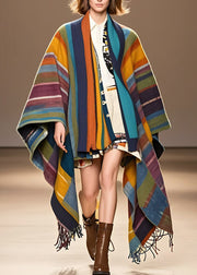 Art Colorblock V Neck Striped Tassel Woolen Long Coats Long Sleeve