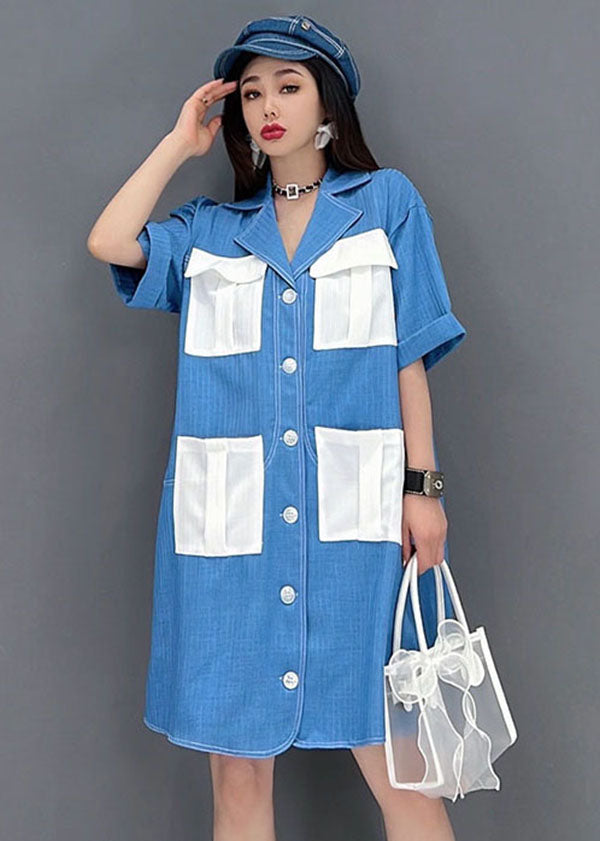 Art Denim Blue Peter Pan Collar Patchwork Pockets Cotton Holiday Dress Short Sleeve