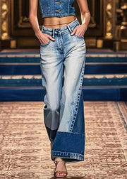 Art Denim Blue Pockets High Waist Patchwork Crop Pants Summer