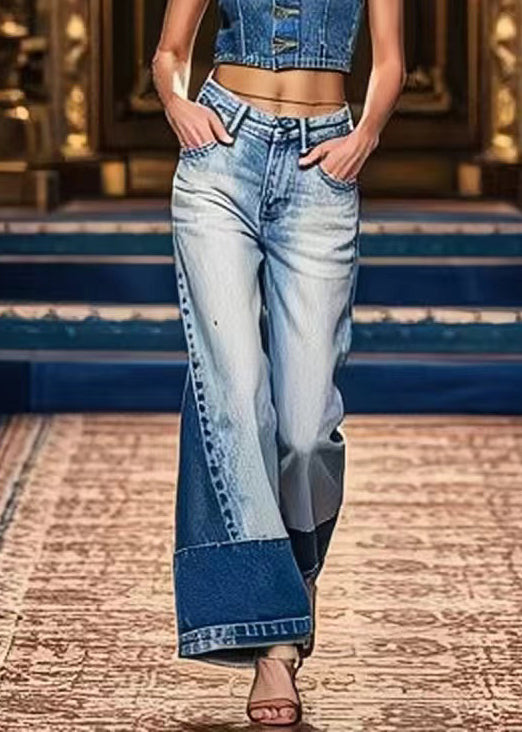 Art Denim Blue Pockets High Waist Patchwork Crop Pants Summer