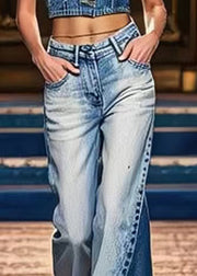 Art Denim Blue Pockets High Waist Patchwork Crop Pants Summer