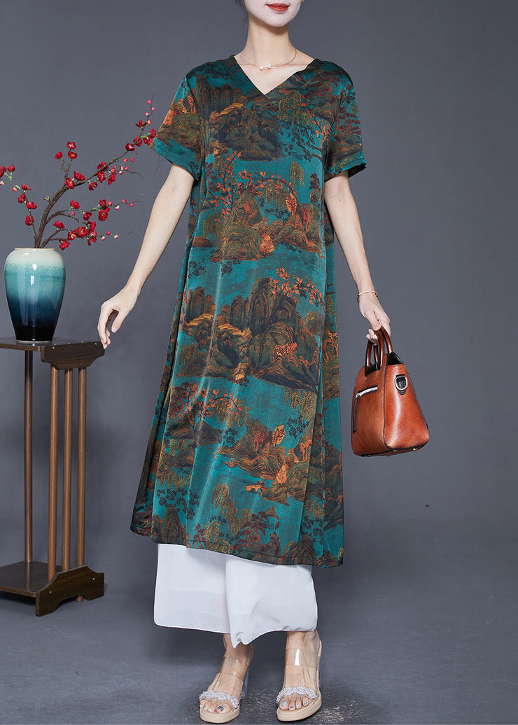 Art Dull Green V Neck Landscape Painting Silk Dress Summer