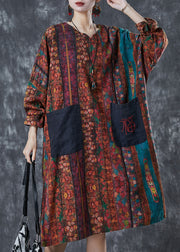 Art Dull Red Embroidered Patchwork Print Linen Dress Spring