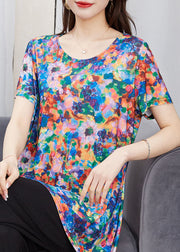 Art Floral O Neck Patchwork Cotton T Shirt Top Short Sleeve