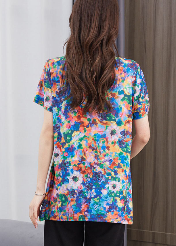 Art Floral O Neck Patchwork Cotton T Shirt Top Short Sleeve