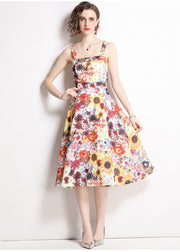 Art Floral Print Patchwork Chiffon Spaghetti Strap Dress Summer