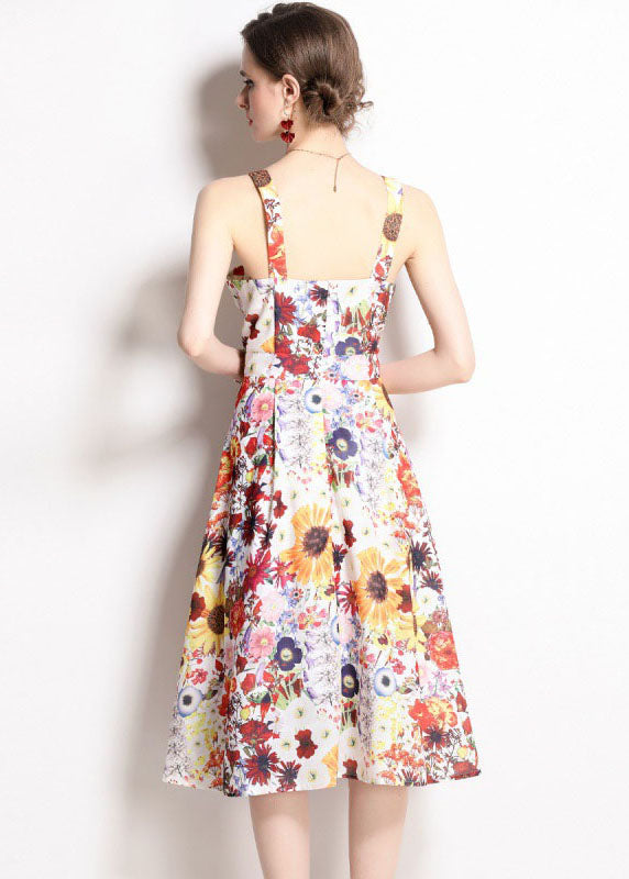 Art Floral Print Patchwork Chiffon Spaghetti Strap Dress Summer