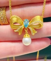 Art Gold Stainless Steel Alloy Zircon Pearl Butterfly Pendant Necklace