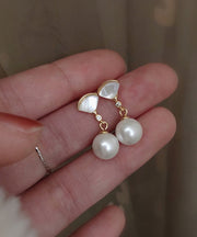 Art Gold Sterling Silver Overgild Fan Shaped Shell Pearl Drop Earrings