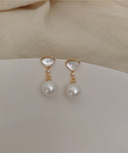 Art Gold Sterling Silver Overgild Fan Shaped Shell Pearl Drop Earrings