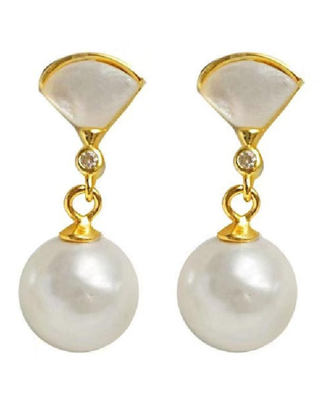 Art Gold Sterling Silver Overgild Fan Shaped Shell Pearl Drop Earrings