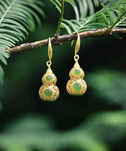 Art Gold Sterling Silver Overgild Jade Hollow Out Gourd Drop Earrings