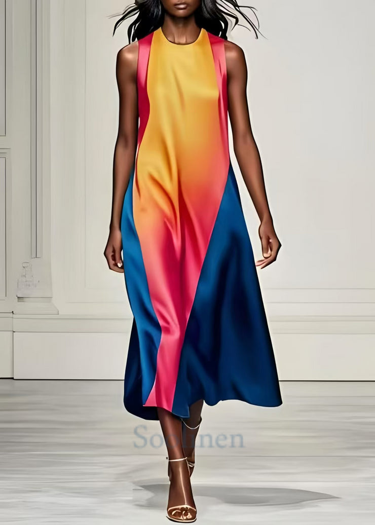 Art Gradient Color Asymmetrical Patchwork Silk Dresses Summer