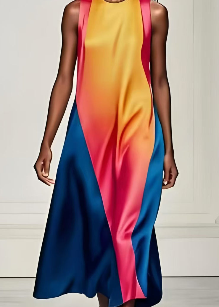 Art Gradient Color Asymmetrical Patchwork Silk Dresses Summer