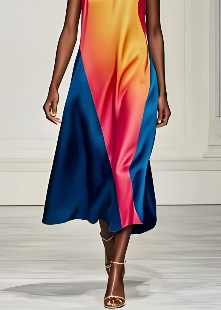 Art Gradient Color Asymmetrical Patchwork Silk Dresses Summer