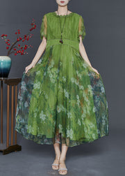 Art Grass Green Print Exra Large Hem Silk Dresses Summer