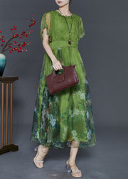 Art Grass Green Print Exra Large Hem Silk Dresses Summer