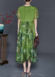 Art Grass Green Print Exra Large Hem Silk Dresses Summer