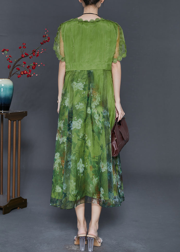 Art Grass Green Print Exra Large Hem Silk Dresses Summer