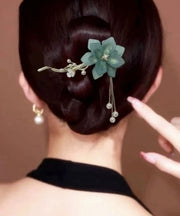 Art Green Alloy Pearl Floral Tassel Hairpin