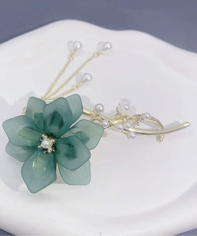 Art Green Alloy Pearl Floral Tassel Hairpin