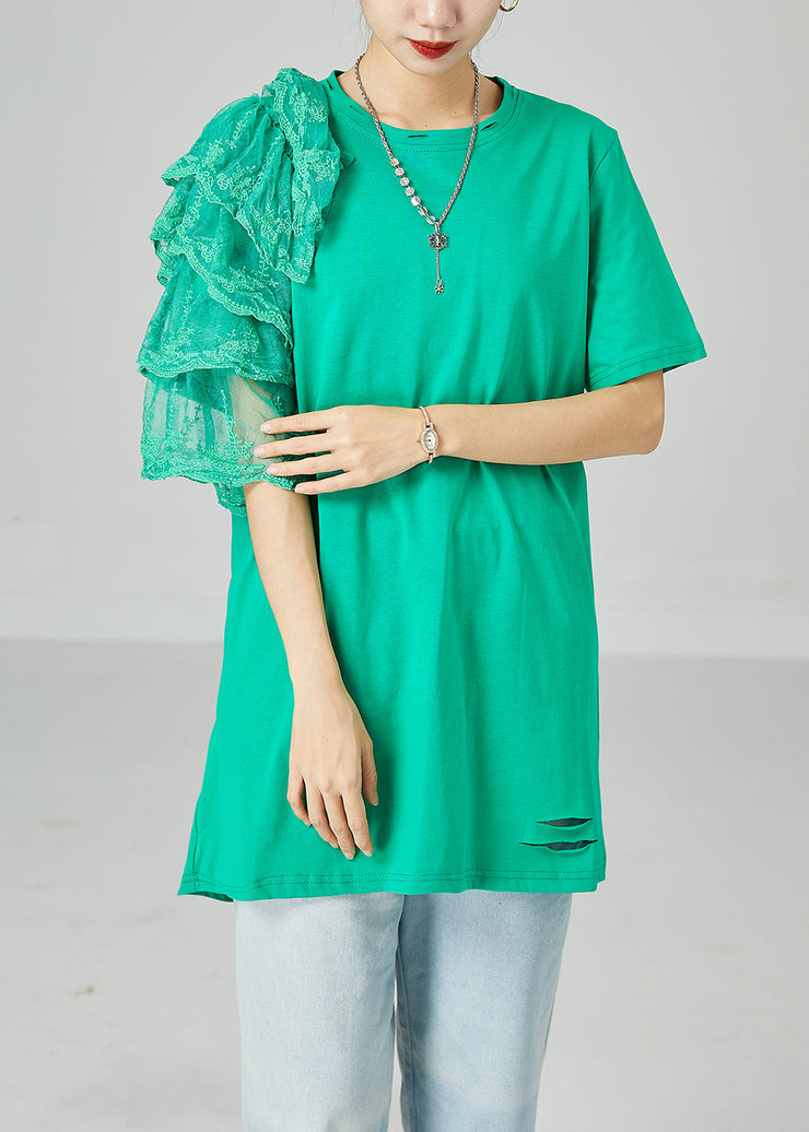 Art Green Asymmetrical Patchwork Cotton Ripped Long Tops Summer