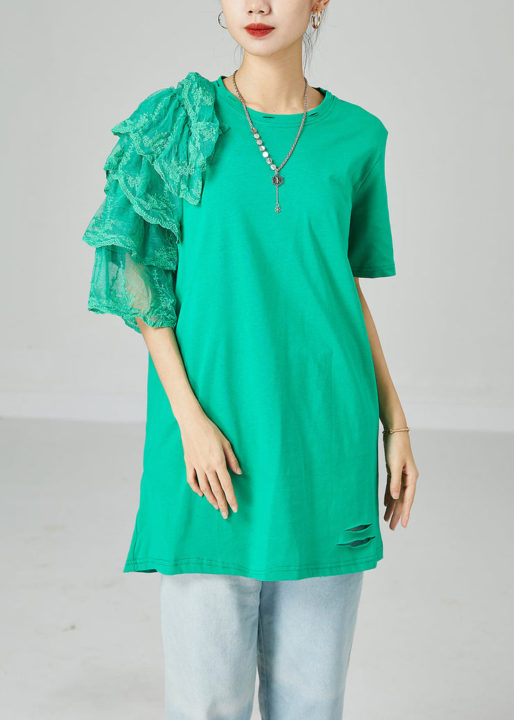 Art Green Asymmetrical Patchwork Cotton Ripped Long Tops Summer