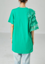 Art Green Asymmetrical Patchwork Cotton Ripped Long Tops Summer