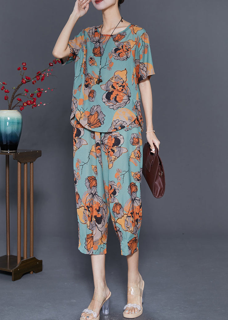 Art Green Butterfly Print Linen Two Piece Set Women Clothing Summer