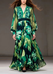 Art Green Cinched Print Chiffon Ankle Dress Fall