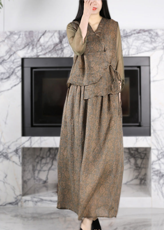 Art Green Coffee V Neck Print Button Linen Top And Maxi Skirts Two Piece Set Long Sleeve