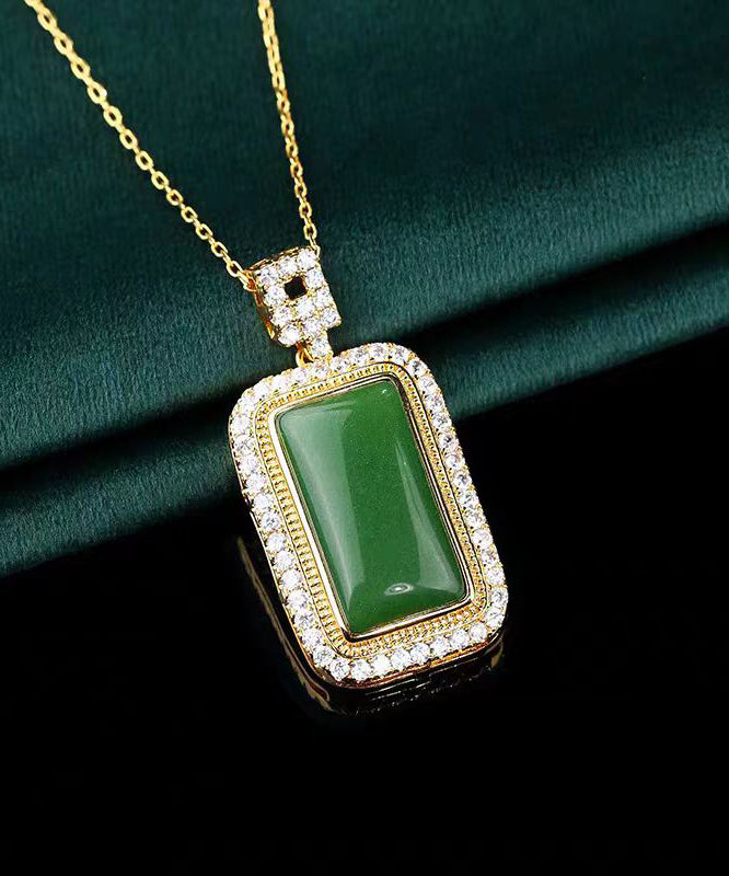 Art Green Copper Overgild Jade Zircon Pendant Necklace