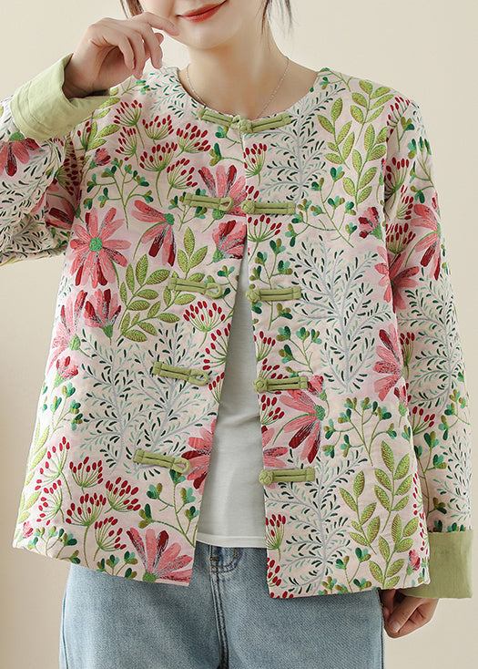 Art Green Embroidered Button Cotton Coats Fall